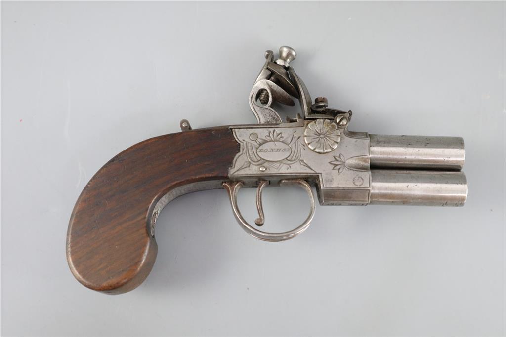 An early 19th century twin barrel flintlock pocket pistol, by Jn. & Geo. Jones of London, length 7.5in